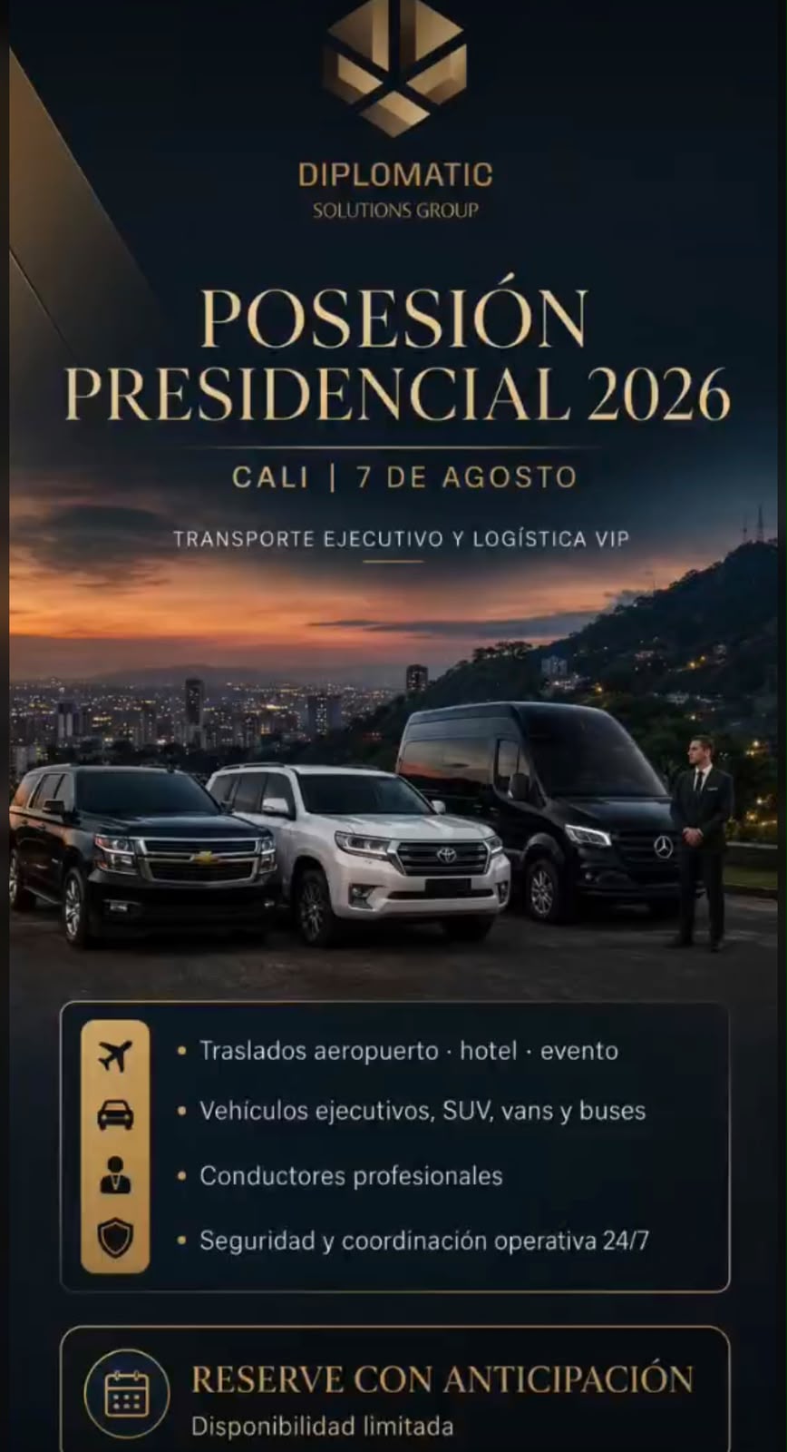 Executive transportation and VIP logistics for the 2026 presidential inauguration in Cali